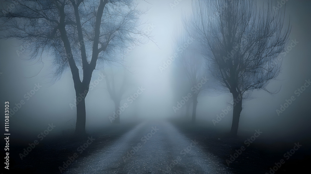 Foggy road disappearing into misty trees.