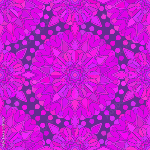 Seamless pattern with purple Indian floral ornament for fabric swatch or wrapping paper. Vector abstract kaleidoscopic background