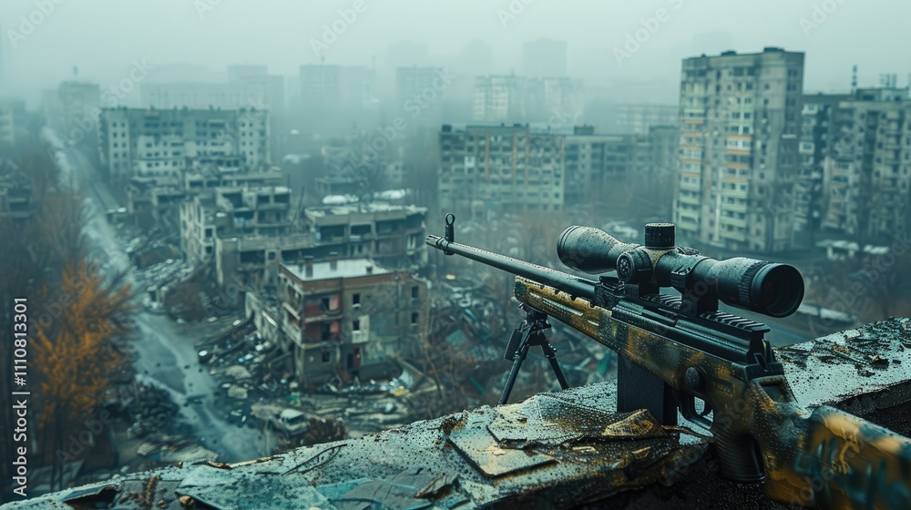 A sniper rifle overlooks a desolate urban landscape, shrouded in fog and decay. A sniper rifle overlooks a desolate urban landscape, shrouded in fog and decay.