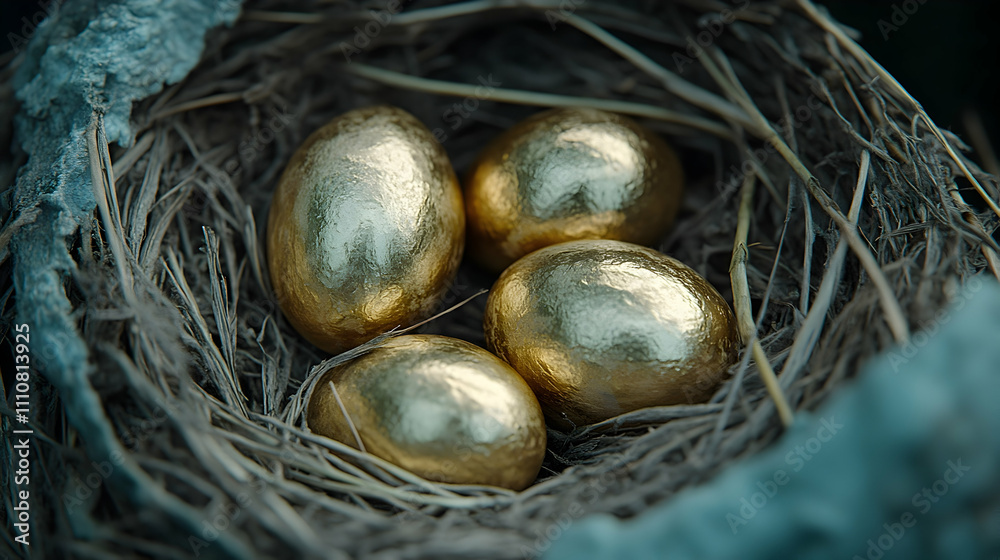 Four golden eggs nestled in a bird's nest. Four golden eggs nestled in a bird's nest.