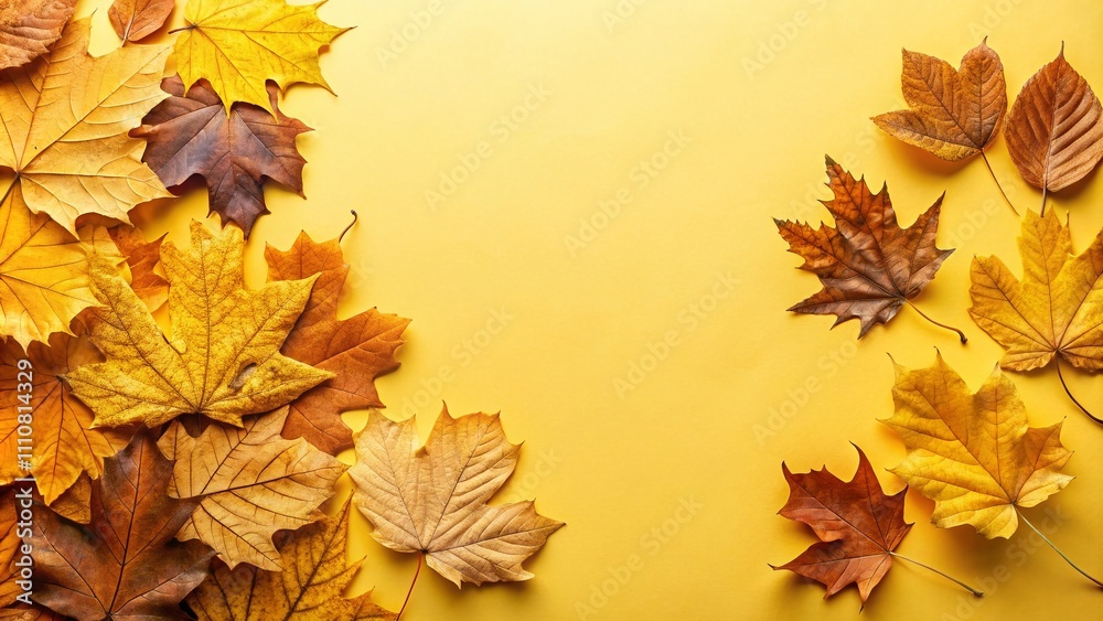 Top View of Vibrant Yellow and Brown Autumn Leaves on Soft Pastel Yellow Background with Ample Copy Space for Seasonal Designs and Nature-Inspired Themes Top View of Vibrant Yellow and Brown Autumn Leaves on Soft Pastel Yellow Background with Ample Copy Space for Seasonal Designs and Nature-Inspired Themes