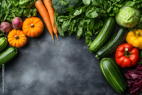 Fresh colorful vegetables arranged on dark background. photo