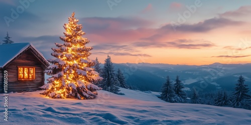 a Christmas tree with candles stands in the snow next to a lonely romantically lit hut in mountains