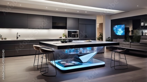 Open-plan living area with a holographic projection table, smart kitchen island, and sleek furniture design.