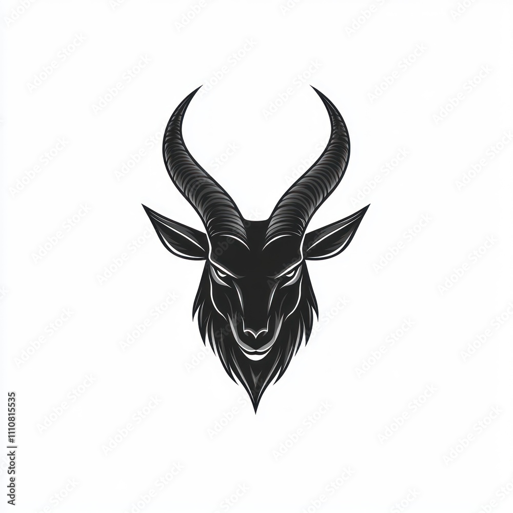 Obraz premium Majestic black goat head with curved horns, isolated on white background.
