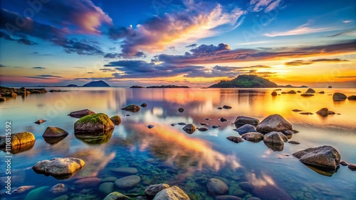 Tranquil Reflections on the Sea: A Serene Landscape with Rocks and an Island at Dusk, Capturing Nature's Beauty in Documentary Photography