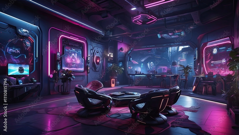 VR gaming space with a fully immersive play area, motion sensors, and neon cyberpunk decor. VR gaming space with a fully immersive play area, motion sensors, and neon cyberpunk decor.