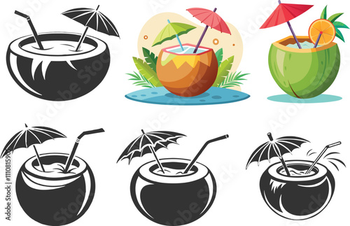 Set of Tropical cocktail Vector Illustration Isolated on a White Background
