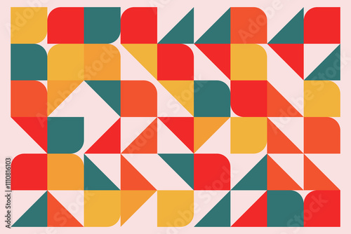 Bold Bauhaus Geometric Pattern with Triangles and Rounded Shapes