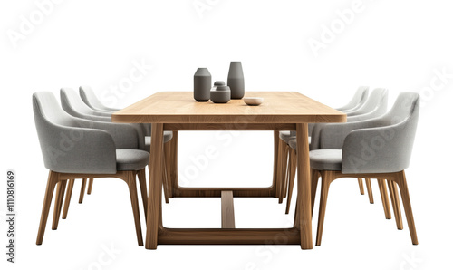 Modern dining table set with elegant chairs, minimalist design, wooden table, soft gray upholstery, decorative vases, contemporary style, isolated on transparent background, png