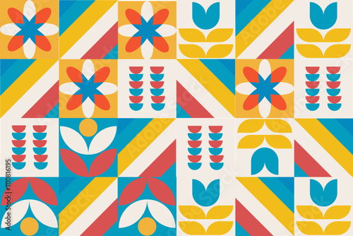 Bauhaus Pattern Geometric Floral Design with Yellow, Blue, and Red Elements