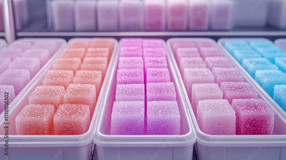 A colorful display of neatly arranged ice cubes in various shades of pink and blue, housed in clear containers. A colorful display of neatly arranged ice cubes in various shades of pink and blue, housed in clear containers.