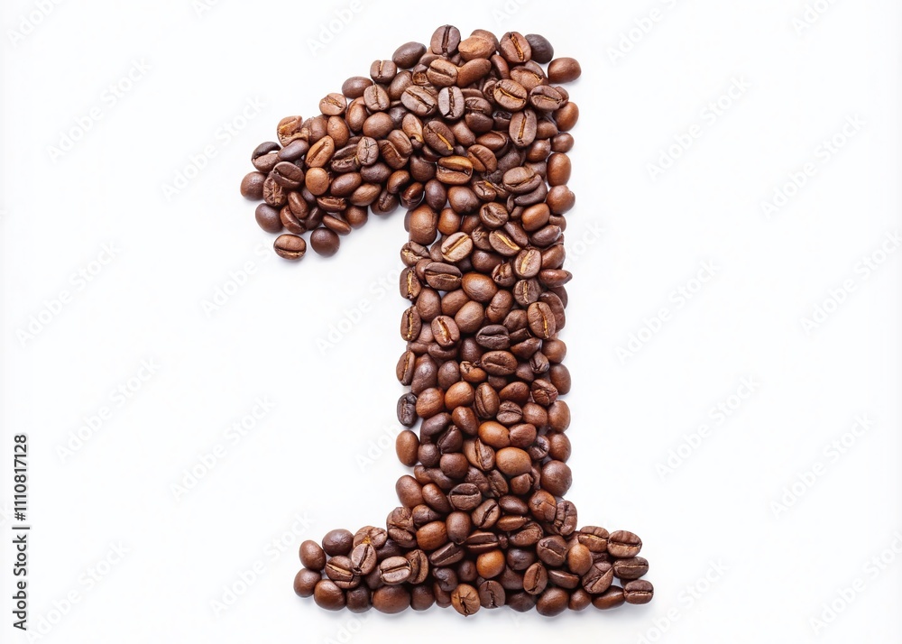 Unique Long Exposure Shot of Number One Crafted from Coffee Beans with Paper Cutout on a Clean White Background, Perfect for Celebrating Achievements and First Places Unique Long Exposure Shot of Number One Crafted from Coffee Beans with Paper Cutout on a Clean White Background, Perfect for Celebrating Achievements and First Places