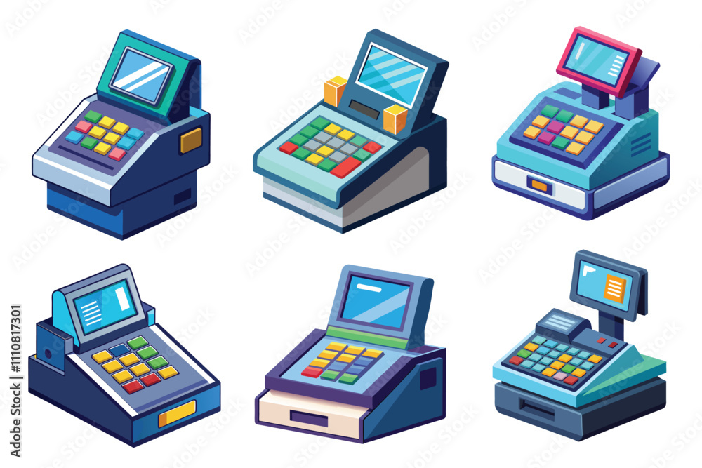 Set of Sale terminal with a digital display Vector Illustration Isolated on a White Background