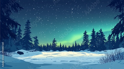 A magical winter scene featuring a forest blanketed in snow and illuminated by the ethereal northern lights.