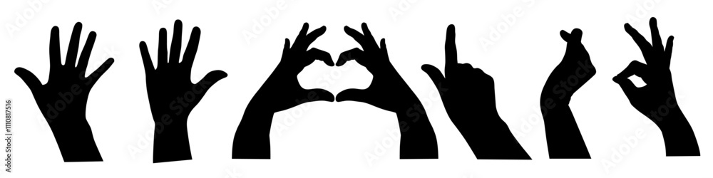 Black silhouette of human hand set. Vector gesture illustration. Concept of communication and expressions. Index, middle, ring, little fingers and thumb Black silhouette of human hand set. Vector gesture illustration. Concept of communication and expressions. Index, middle, ring, little fingers and thumb