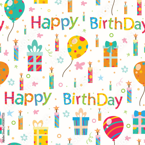 Happy birthday seamless pattern, celebration gift vector illustration, gift, balloon, candle, typography, letters