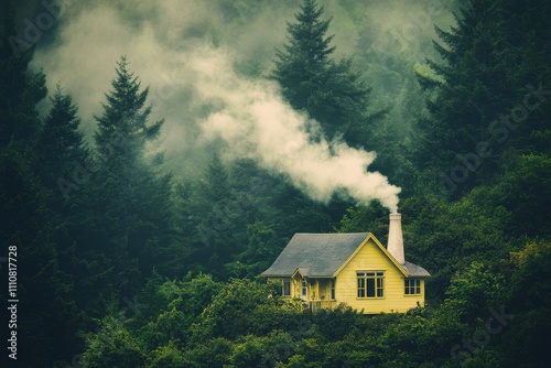 Secluded Yellow Cabin in Misty Evergreen Forest