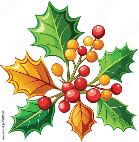 Christmas Holly Garland Merry Christmas Vector art colorful of a holly branch with berries isolate white background.