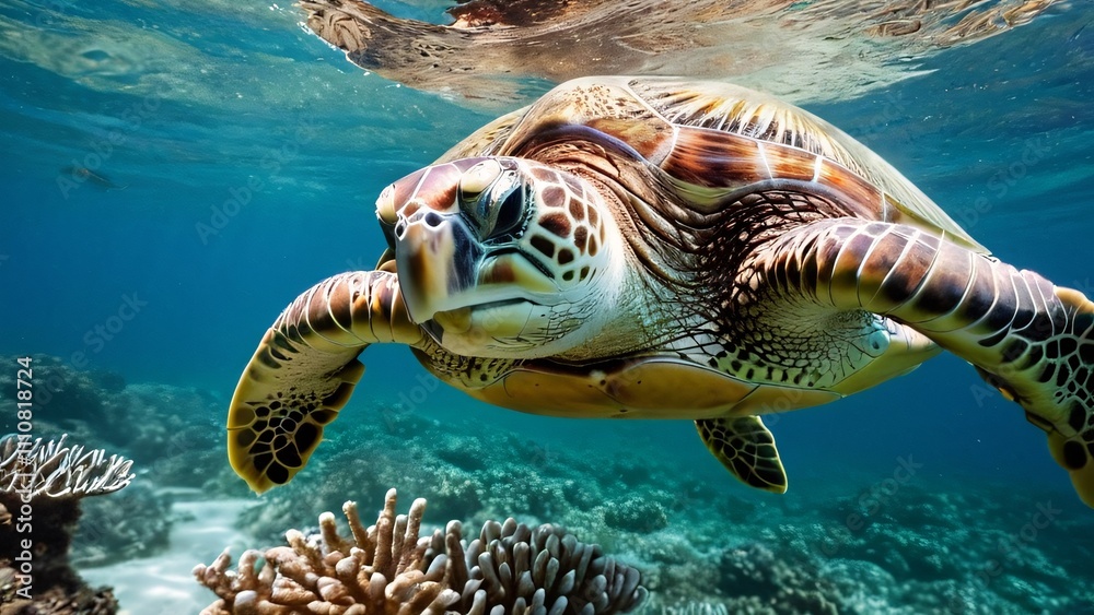 Obraz premium Sea Turtle Gliding Over Coral Reef in Crystal-Clear Sunlit Water
