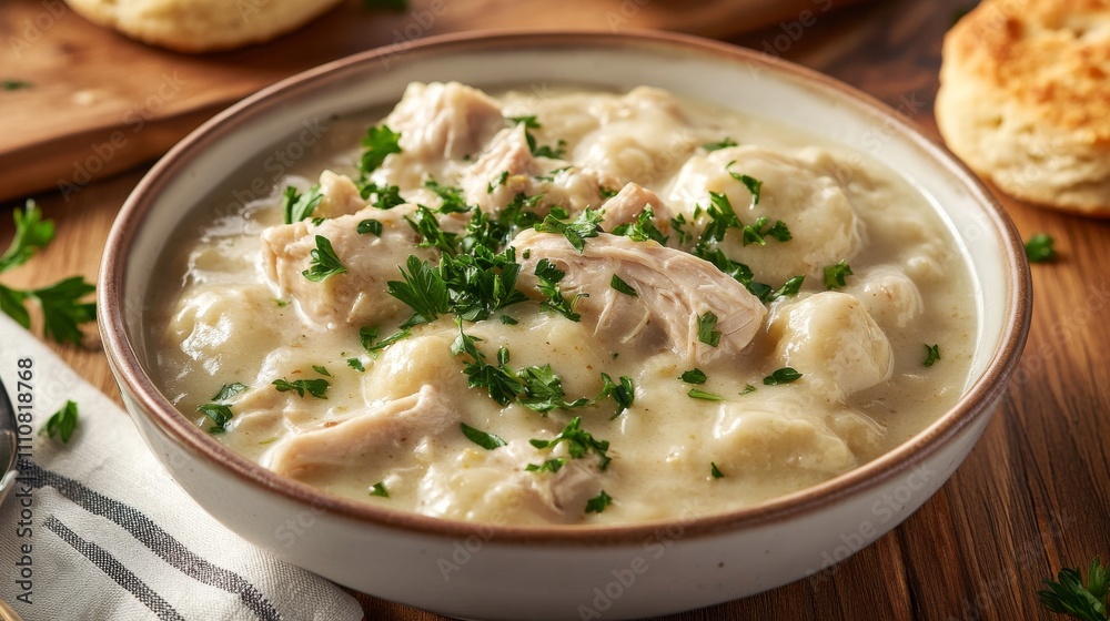Photo of, A bowl of comforting chicken and dumplings garnished with chopped green onions, Chicken and dumplings bowl centered Photo of, A bowl of comforting chicken and dumplings garnished with chopped green onions, Chicken and dumplings bowl centered