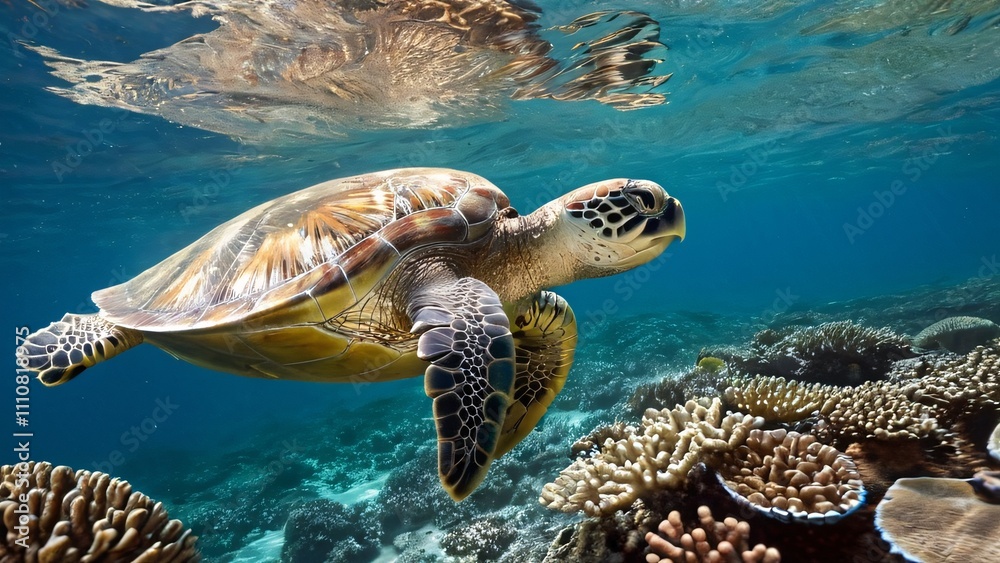 Obraz premium Sea Turtle Gliding Over Coral Reef in Crystal-Clear Sunlit Water