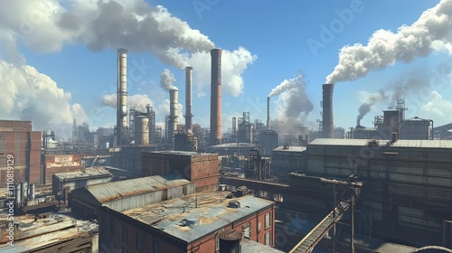 An industrial cityscape with towering smokestacks, silos, and warehouses, representing the vast scale of heavy industry.
