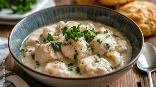 Photo of, A bowl of comforting chicken and dumplings garnished with chopped green onions, Chicken and dumplings bowl centered