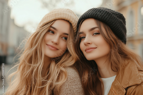 Girl friends having fun on city street having fun,Different females laughing together outside, Life style and friendship concept.