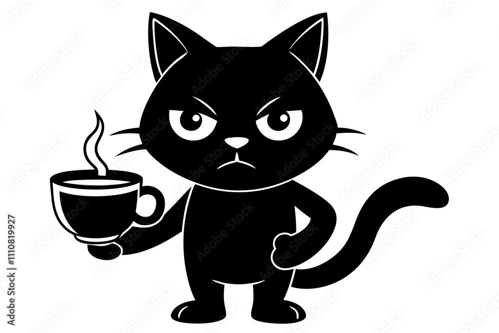 Fototapeta premium Angry cartoon black cat with cup of coffee vector illustration