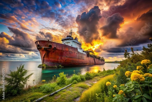Urban Exploration Photography of the Historic Edmund Fitzgerald Shipwreck Surrounded by Lush Nature and Dramatic Skies Capturing the Essence of Maritime History and Adventure