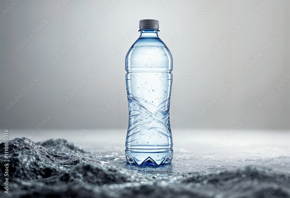 Image of a clear plastic bottle containing refreshing cold water, placed on an icy surface. The focus is on the bottle, highlighting hydration and freshness.