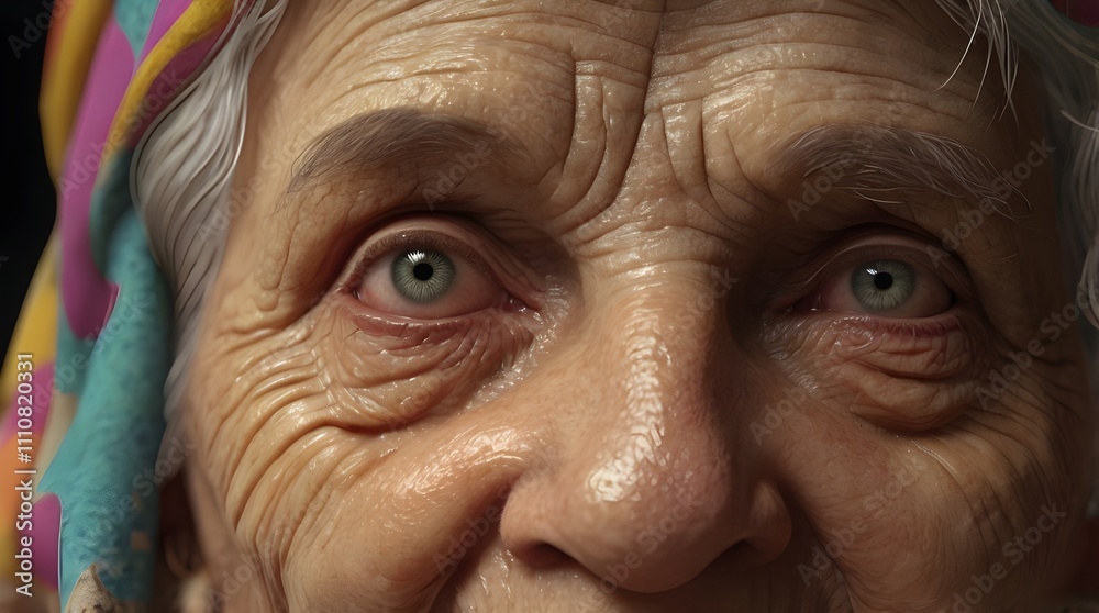 Close-Up of Elderly Woman's Expressive Eyes with Vibrant Headscarf Close-Up of Elderly Woman's Expressive Eyes with Vibrant Headscarf