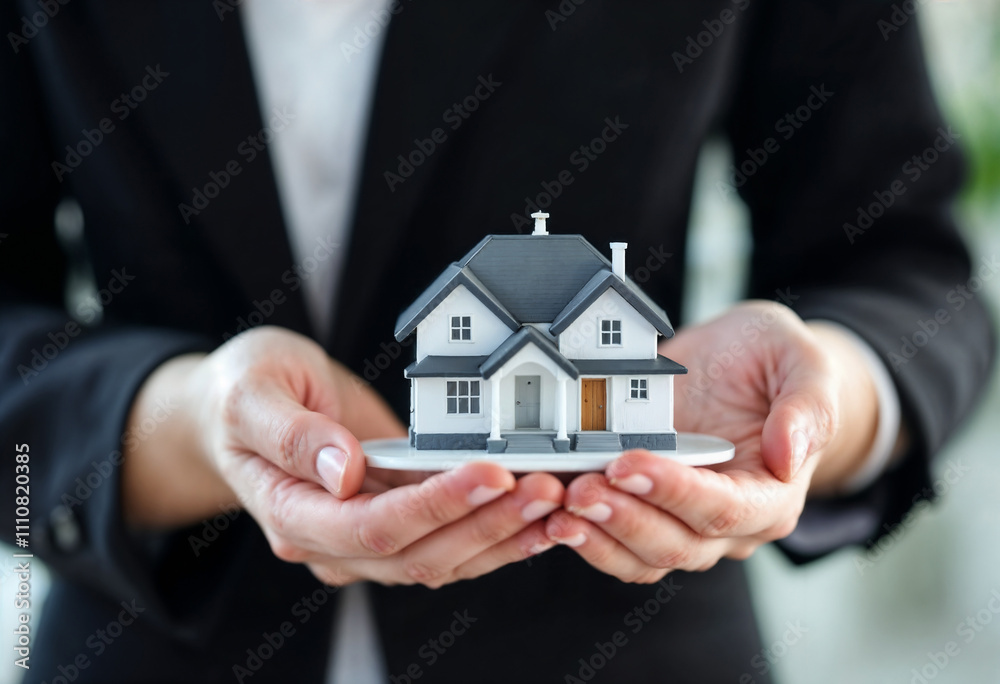 Businessperson Holding a Model House Symbolizing Real Estate and Investment

