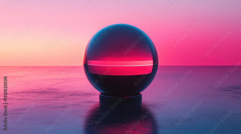 Reflective Sphere Captures Sunset Hues, Abstract 3D Render of Geometric Shapes Reflective Sphere Captures Sunset Hues, Abstract 3D Render of Geometric Shapes