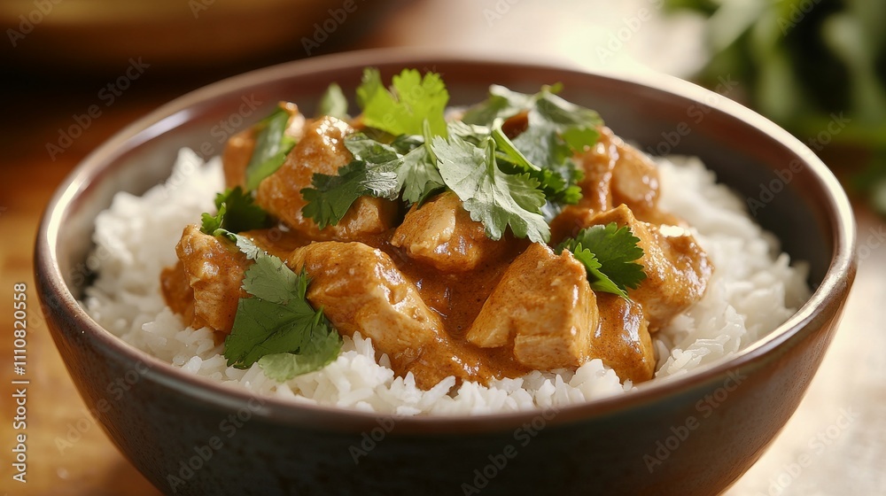Photo of, A bowl of comforting chicken curry served with basmati rice, Curry in bowl Photo of, A bowl of comforting chicken curry served with basmati rice, Curry in bowl
