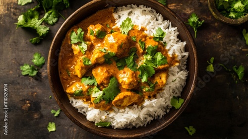 Photo of, A bowl of comforting chicken curry served with basmati rice, Curry in bowl