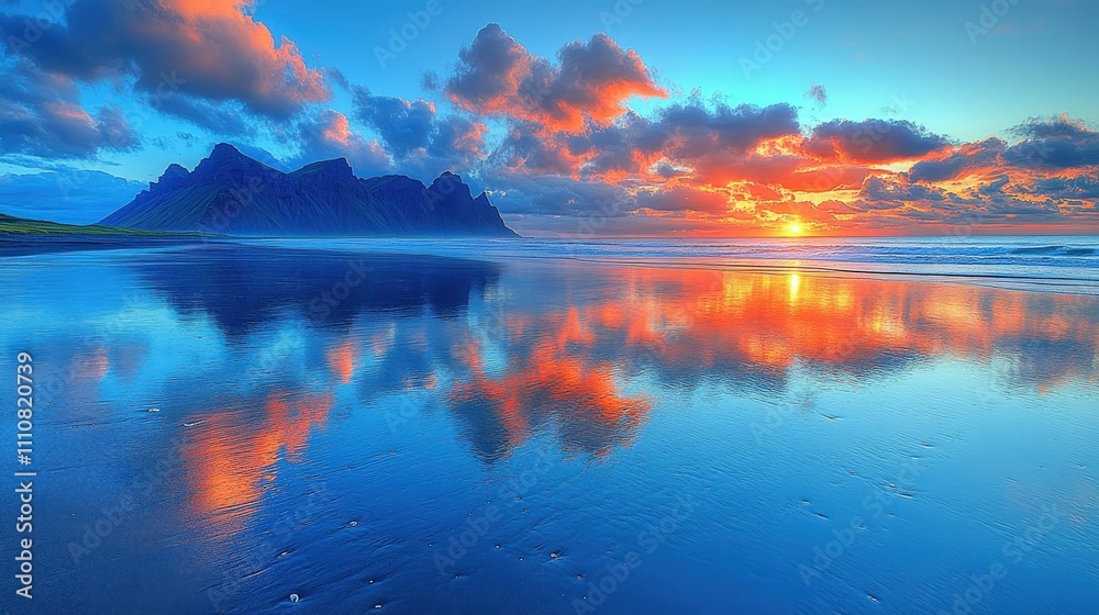 A stunning sunset over a beach with mountains, reflecting vibrant colors in the water.