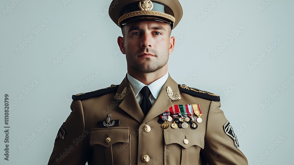 A man in a military uniform stands in front of a white background A man in a military uniform stands in front of a white background
