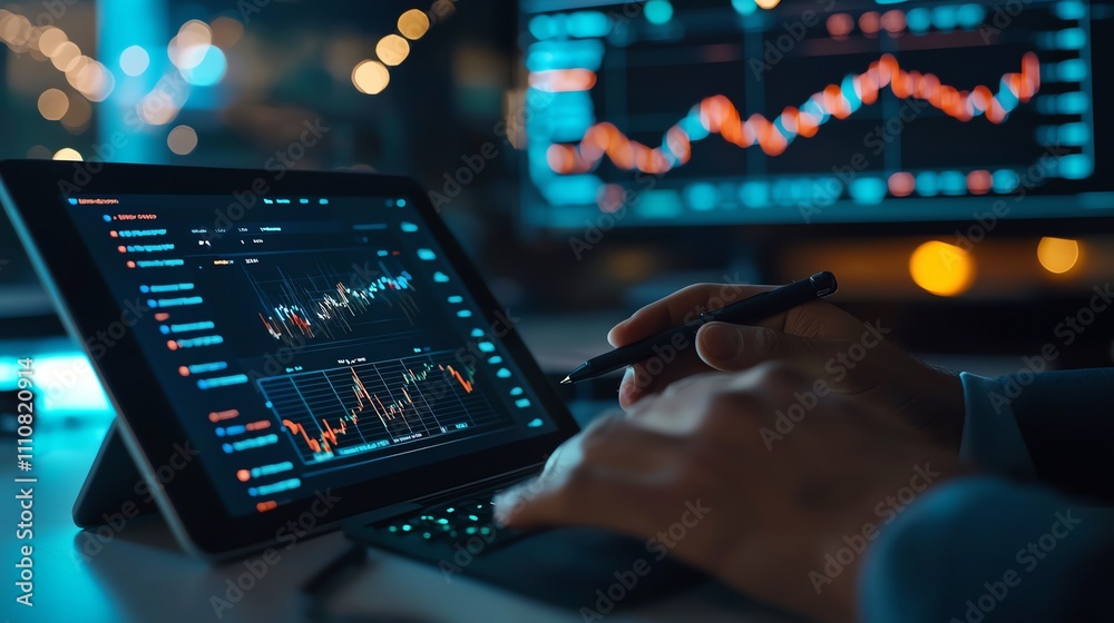 Investor using tablet to assess liquiditys effect on capital costs, modern office setting, soft lighting, closeup view, crisp digital graphs, professional atmosphere Investor using tablet to assess liquiditys effect on capital costs, modern office setting, soft lighting, closeup view, crisp digital graphs, professional atmosphere