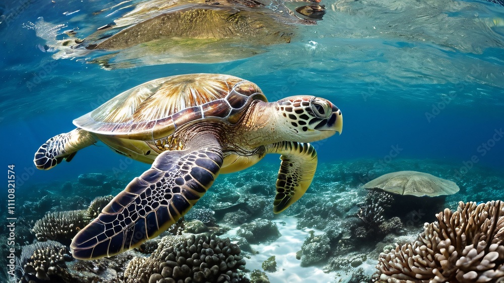 Obraz premium Sea Turtle Gliding Over Coral Reef in Crystal-Clear Sunlit Water
