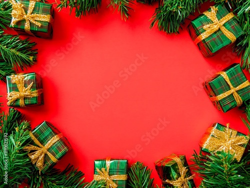 green giftbox on red background, Christmas background