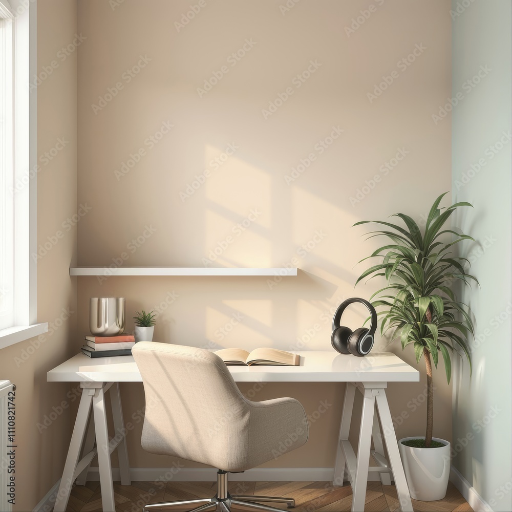 Minimalistic home office corner with sleek desk, ergonomic chair, and potted plant under natural light Minimalistic home office corner with sleek desk, ergonomic chair, and potted plant under natural light