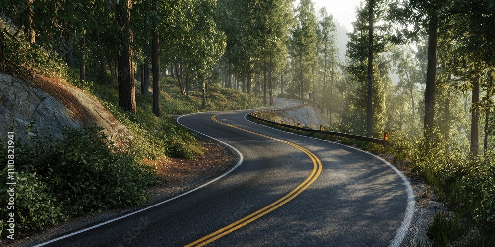 A steep and narrow curve road engineered for safety, with clear reflective markers along the edges. The road ascends through dense forest under soft morning light. A steep and narrow curve road engineered for safety, with clear reflective markers along the edges. The road ascends through dense forest under soft morning light.