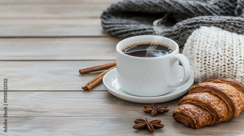 A warm cup of coffee paired with a buttery croissant, perfect for cozy moments.