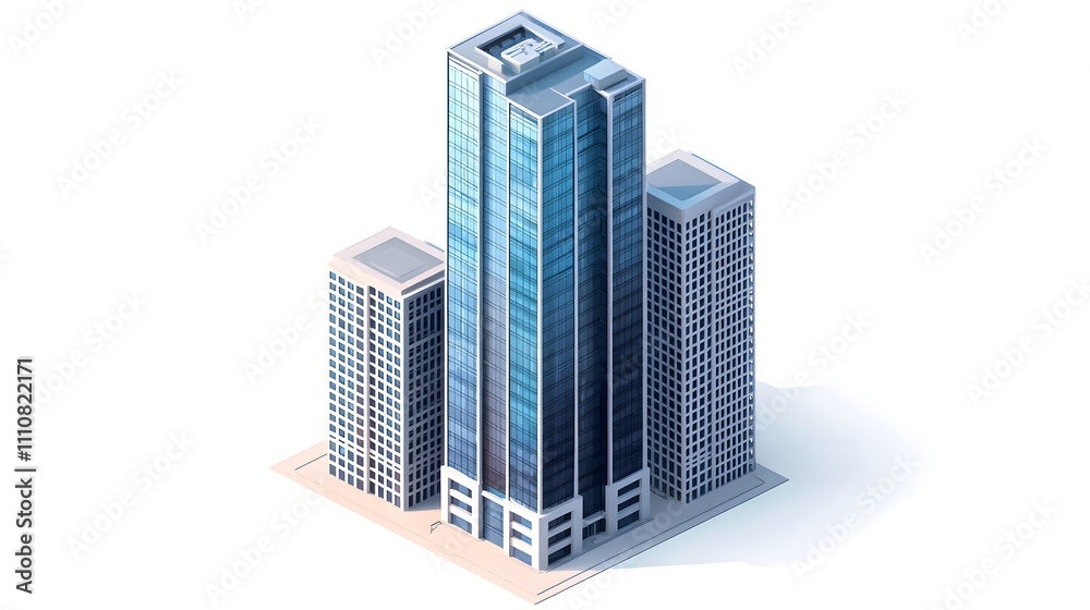 Corporate High-Rise Office Building in an Urban City, Featuring 3D Isometric Structure