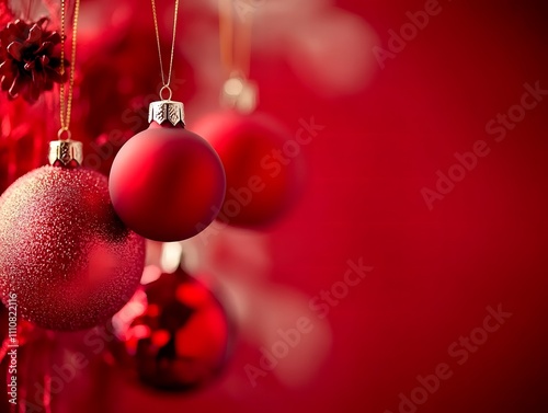 red Christmas balls, red Christmas baubles and the red backdrop 