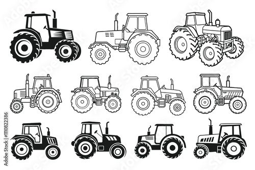 tractor vector silhouette line art Set
