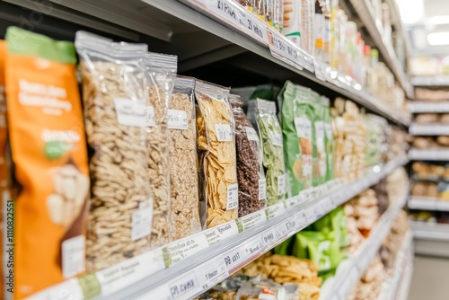 Grocery Store Shelf with Various Snack Bags
