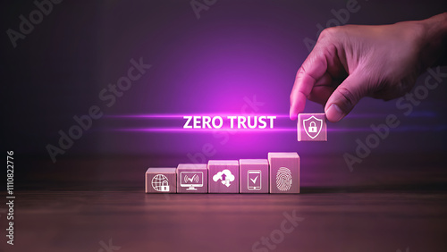 Zero Trust Cybersecurity Concept with Digital Security Icons Representing Data Protection, Cloud Security, Network Access, and User Authentication for Modern IT Frameworks .Person picking wooden box . photo